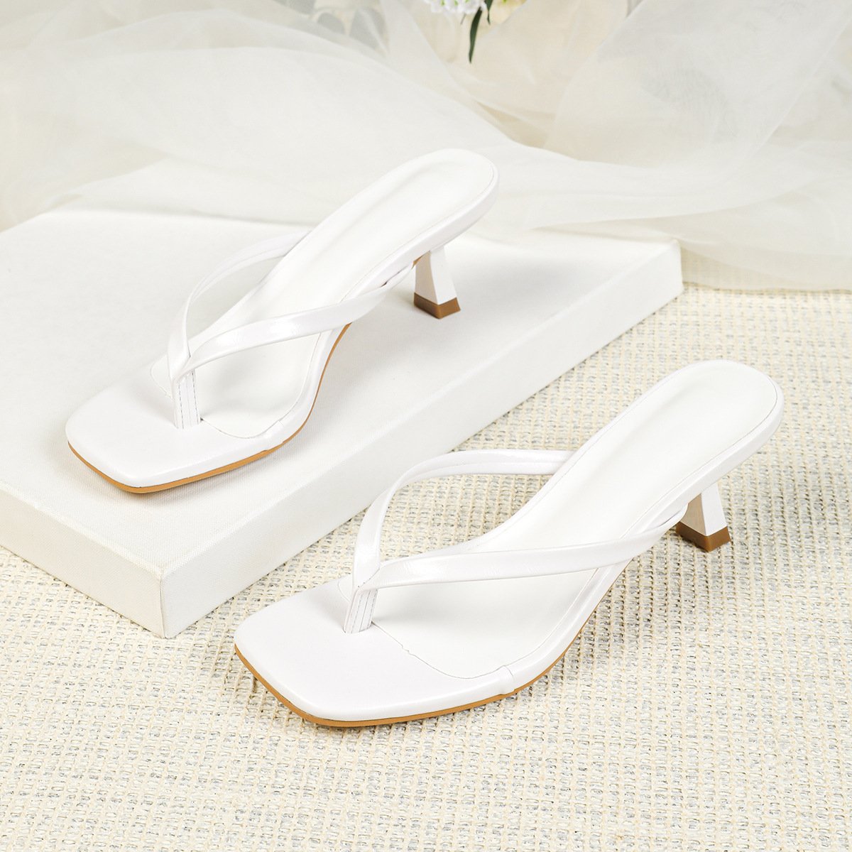 Square-Toe Strappy Heeled Sandals