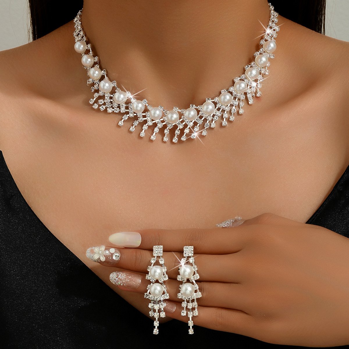 Women Imitation Pearl CZ 2Pcs Jewelry Set, Rhodium Plated Choker Necklace Drop Earrings Bridal Formal Jewelry