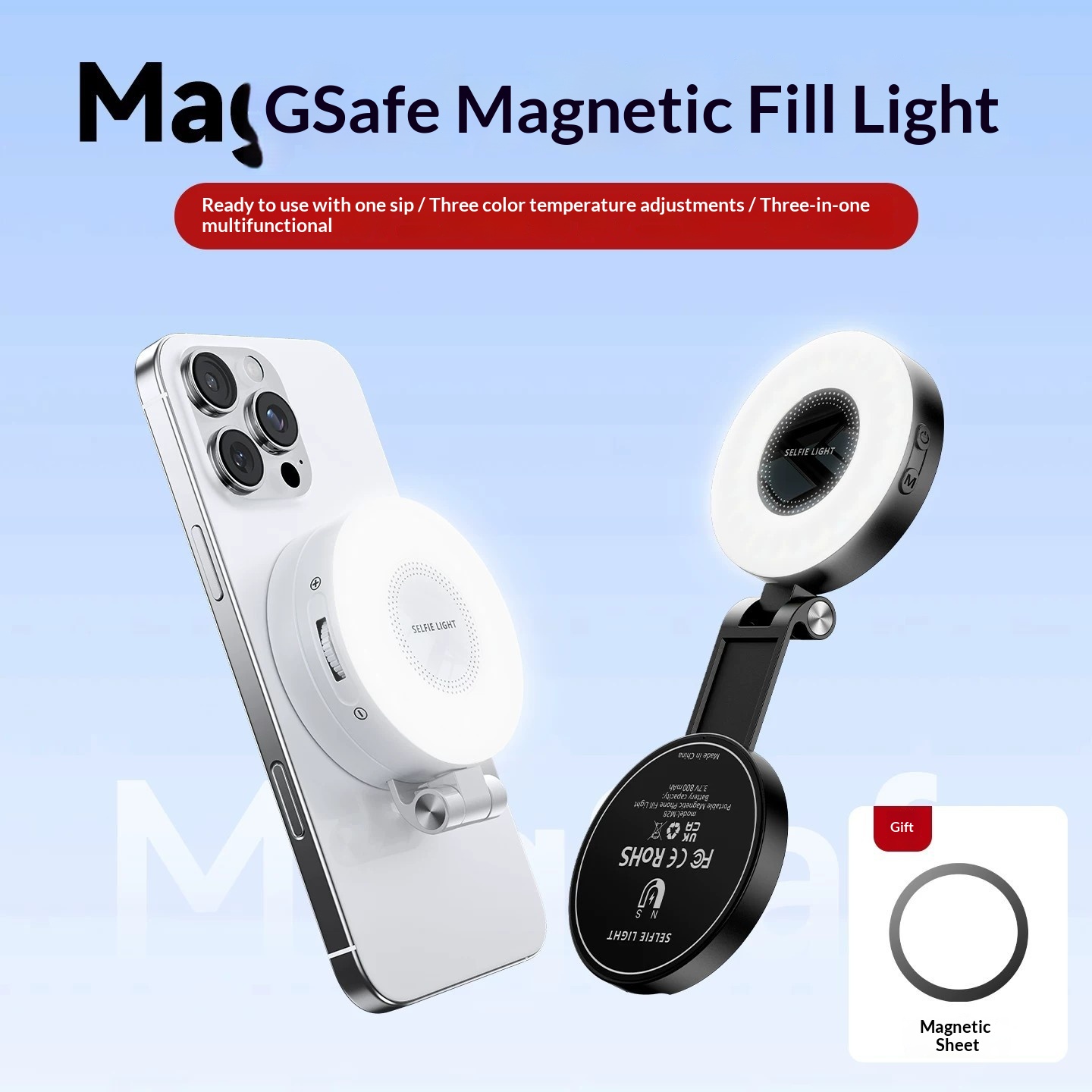 Magnetic Selfie Fill Light, Dual Colour Temperature