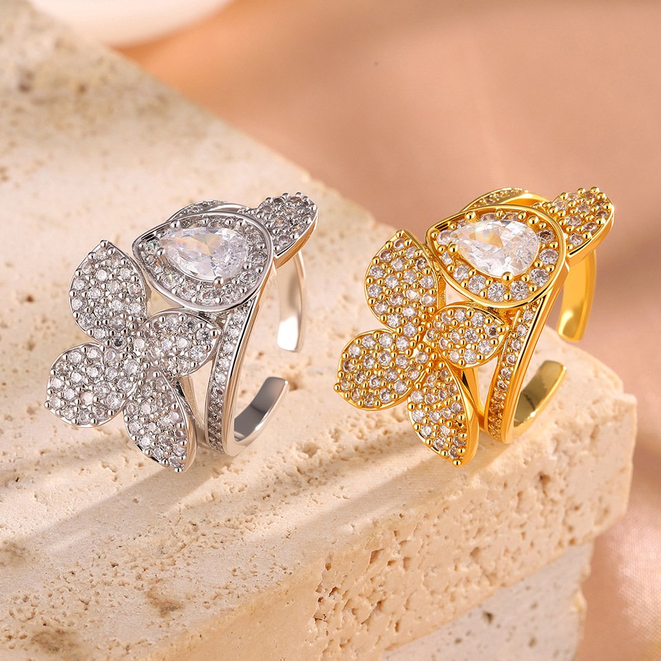 Women Floral Pear Halo CZ Open Ring, Rhodium Plated Micro Paved Adjustable Statement Finger Jewelry