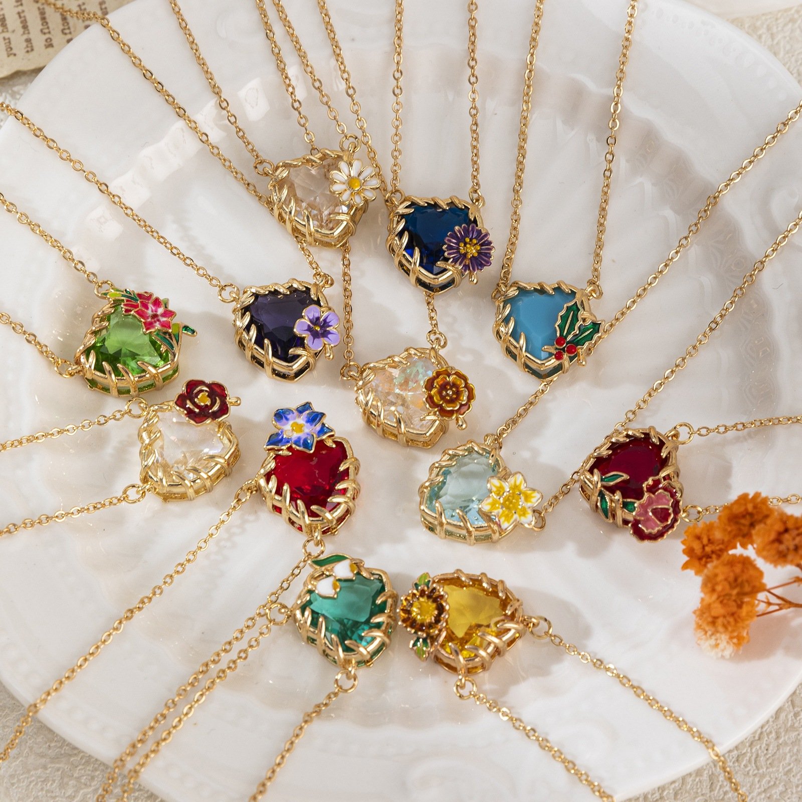 Birthstone Flower Heart Necklace, Twelve Months