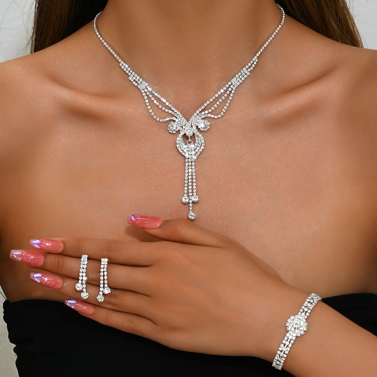 Women Multi Layer V Neck Tassel CZ 3Pcs Jewelry Set, Rhodium Plated Necklace Drop Earrings Round Bracelet Bridal Formal Jewelry