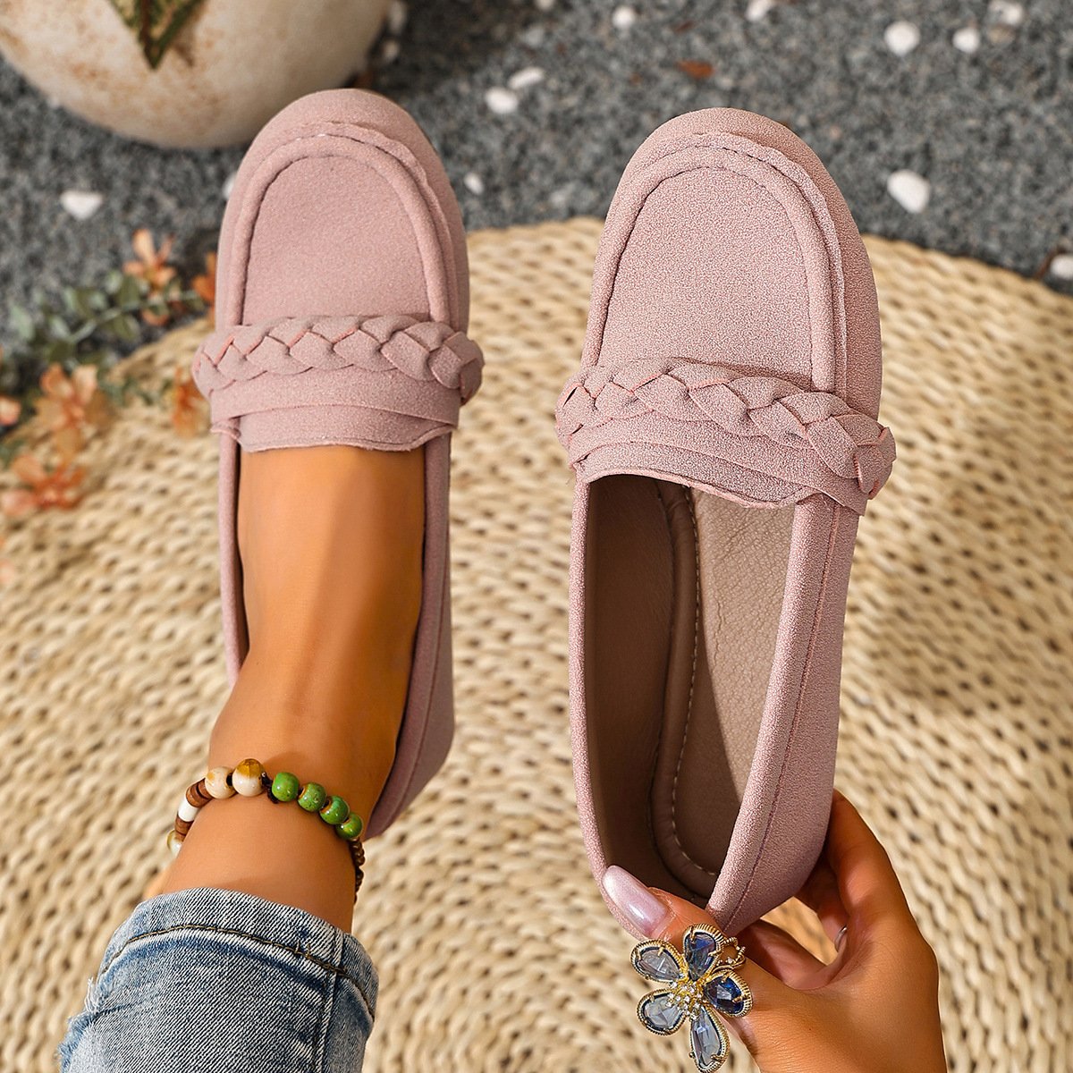 Women's Braided Flat Loafers, Pink