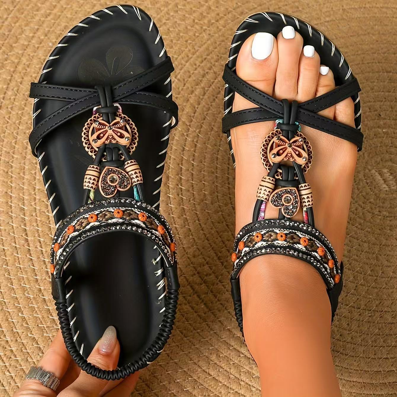 Flat Sandals with Bow and Rhinestone Trim