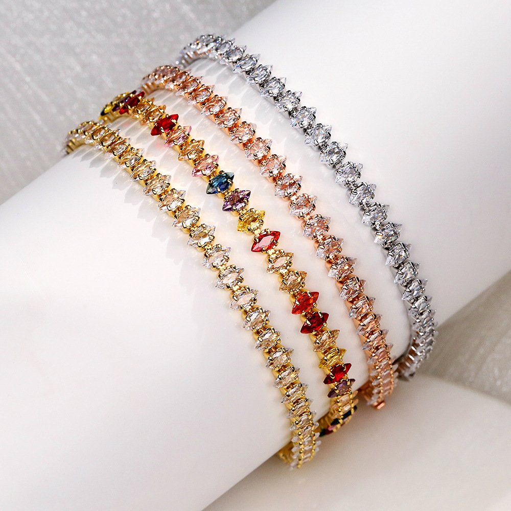 Women Rainbow Triangular Cubic Zirconia Tennis Bracelet, Multi-color Thin Chain Gold Plated Daily Wrist Jewelry