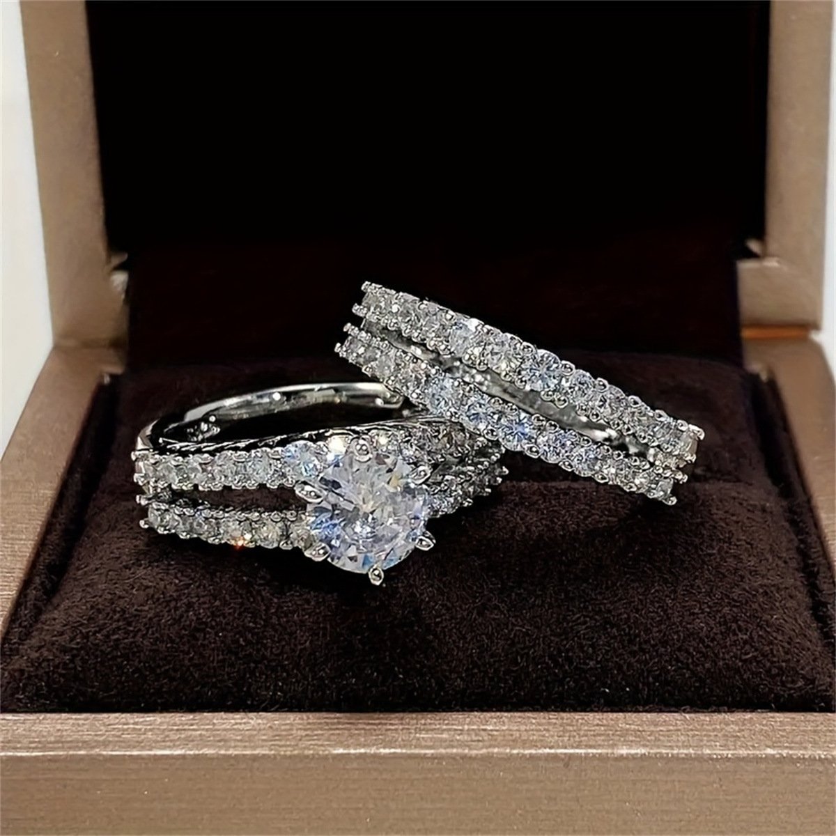 Cross-Border New Style Hollow Double-Layer Zircon Engagement Ring For Women, European And American Diamond Ring For Wedding Dinner, Bridal Ring Jewelry