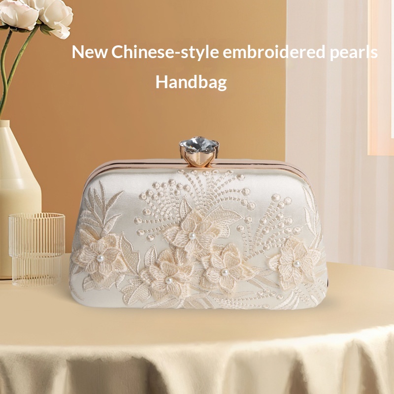 Embroidered Pearl Evening Bag, Off-White