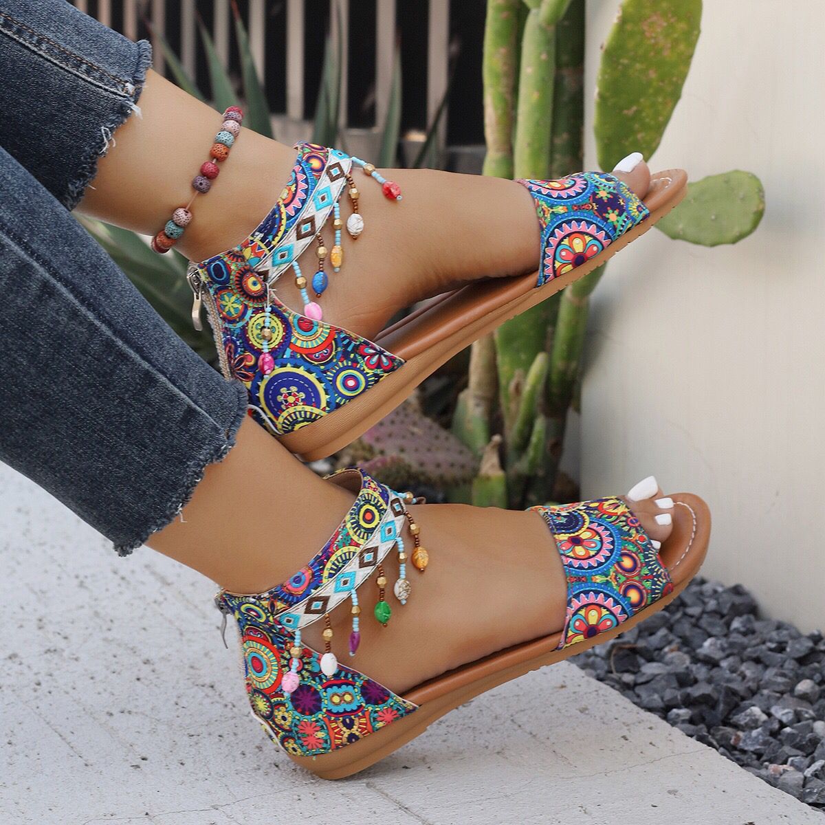 Women's Printed Fabric Wedge Sandals with Tassels