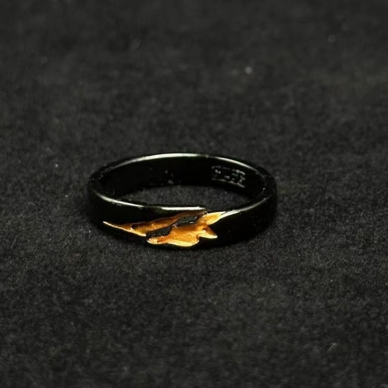 Flame Design Open Ring, Black and Gold