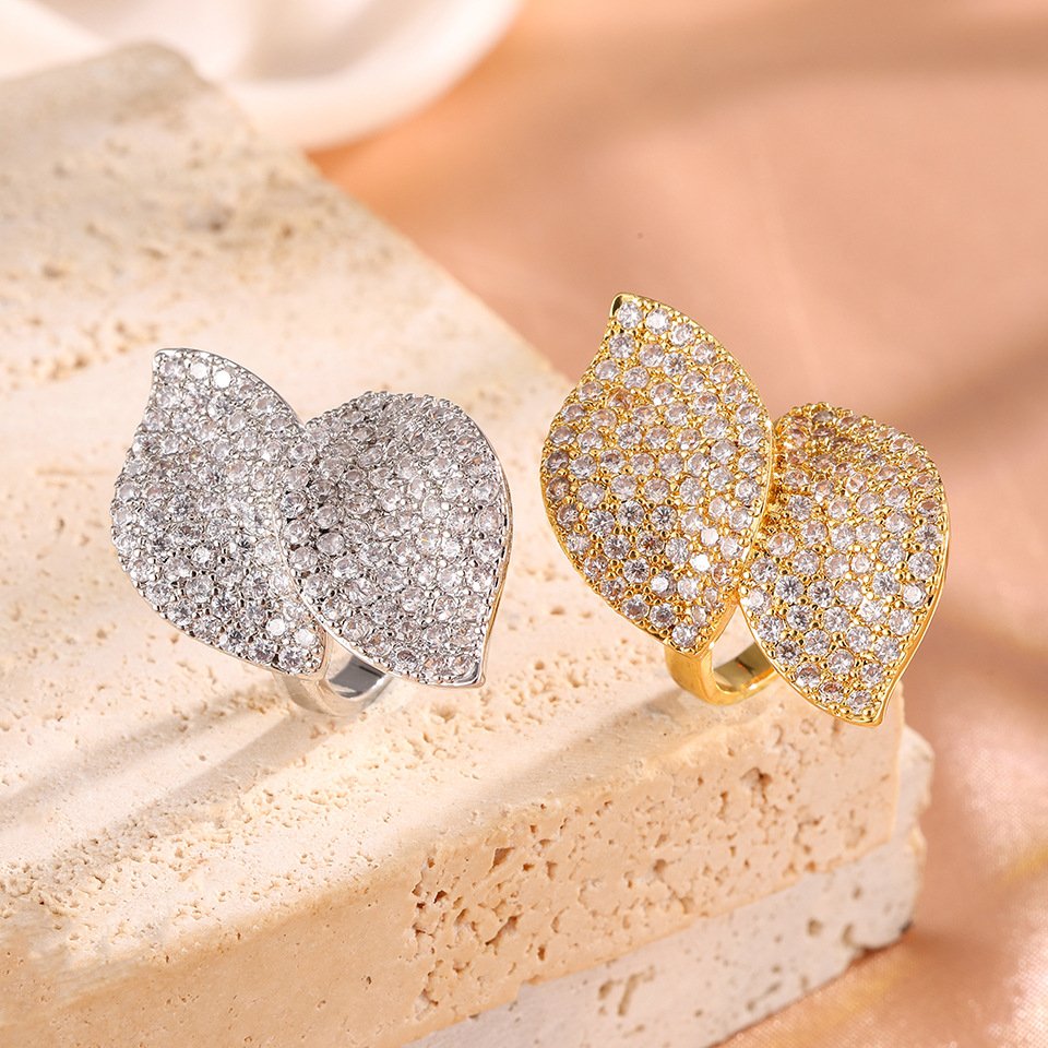 Women Dual Leaf Full Paved Cubic Zirconia Adjustable Ring, Gold Plated Statement Finger Jewelry