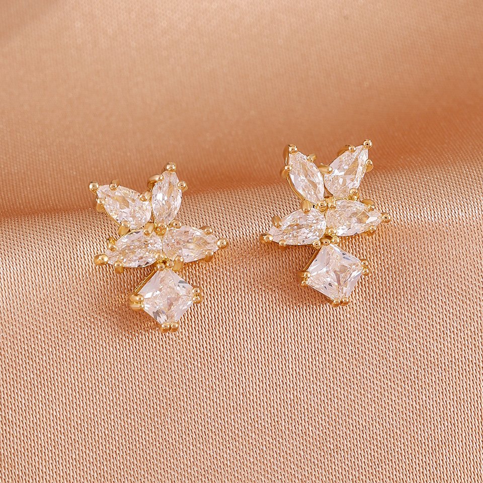 Four-Petal Flower Stud Earrings, Three Tones