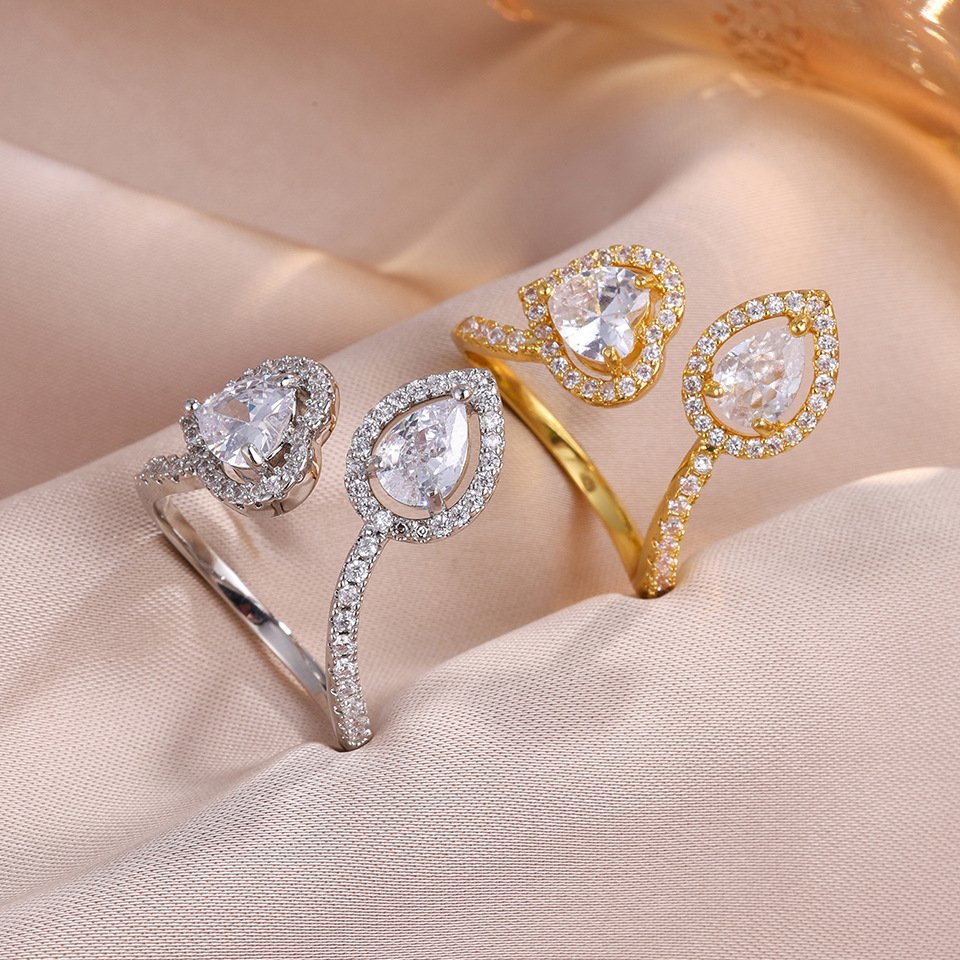 Women Heart & Pear Cut CZ Open Adjustable Ring, Gold Plated Micro Paved Simulant Stone Finger Jewelry