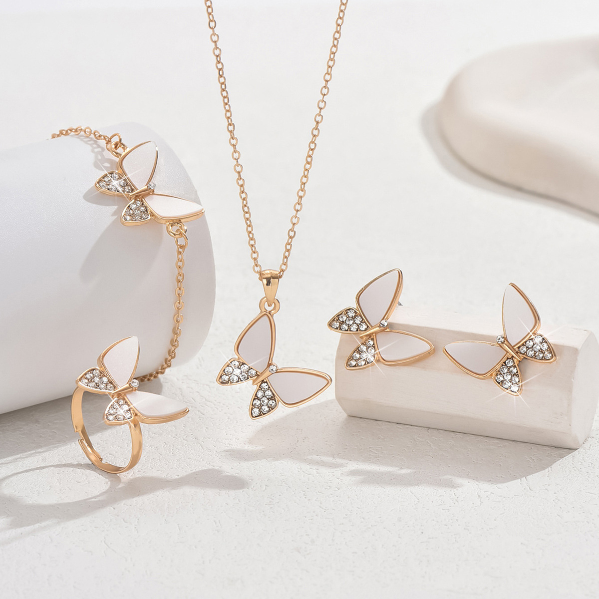 Korean New Style Sweet Diamond-Encrusted Butterfly Earrings, Necklace, Ring, Bracelet Four-Piece Set, Fashionable And Elegant Exquisite Clavicle Chain