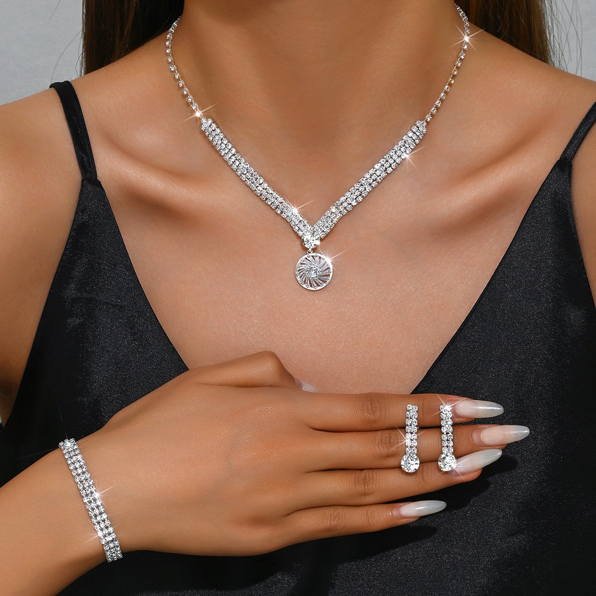 Women V-Shape Sunburst 3Pcs Jewelry Set, Clear Cubic Zirconia Rhodium Plated Necklace Earrings Bracelet Bridal Formal Jewelry