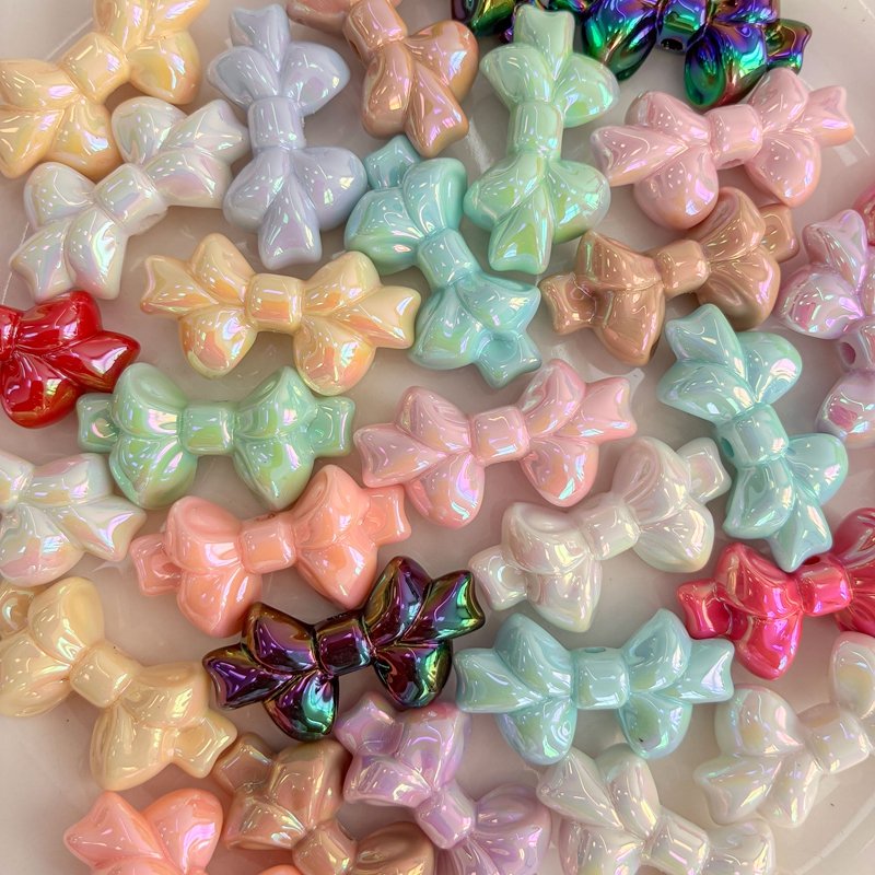 UV Plated Acrylic Bow Beads, Iridescent Ribbon Charms With Vertical Hole For DIY Jewelry Making, Bracelets, Necklaces & Keychains, Mixed Pastel & Metallic Colors