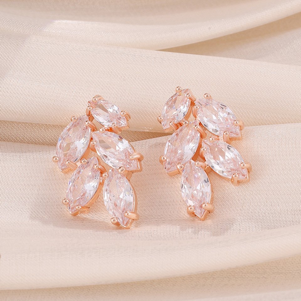 Women Marquise CZ Cluster Stud Earrings, Multi Leaf Shape Clear Cubic Zirconia Rose Gold Plated Bridal Ear Jewelry