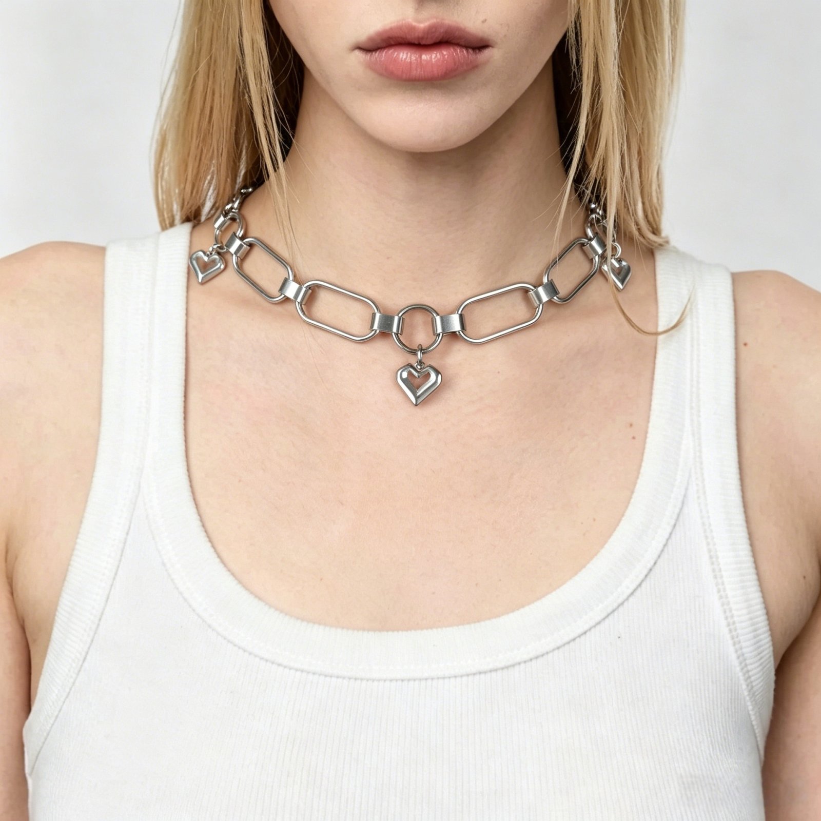 Stainless Steel Oval Link Chain Necklace with Heart Charms