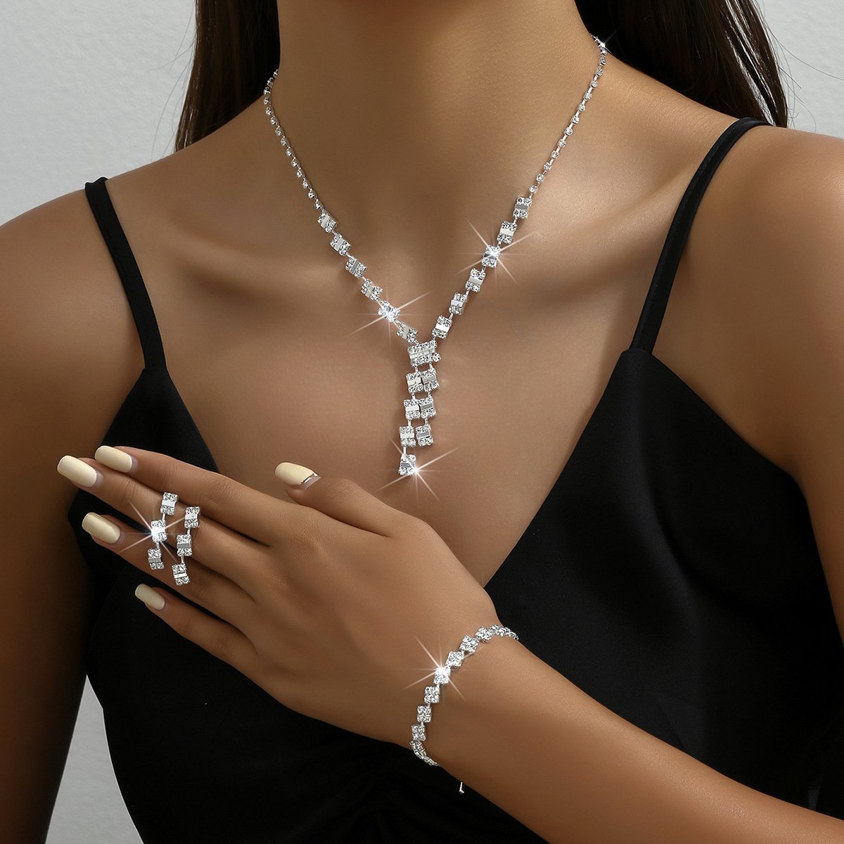 Women Baguette Square Y-Drop CZ 3Pcs Jewelry Set, Rhodium Plated Necklace Vertical Earrings Link Bracelet Formal Bridal Jewelry