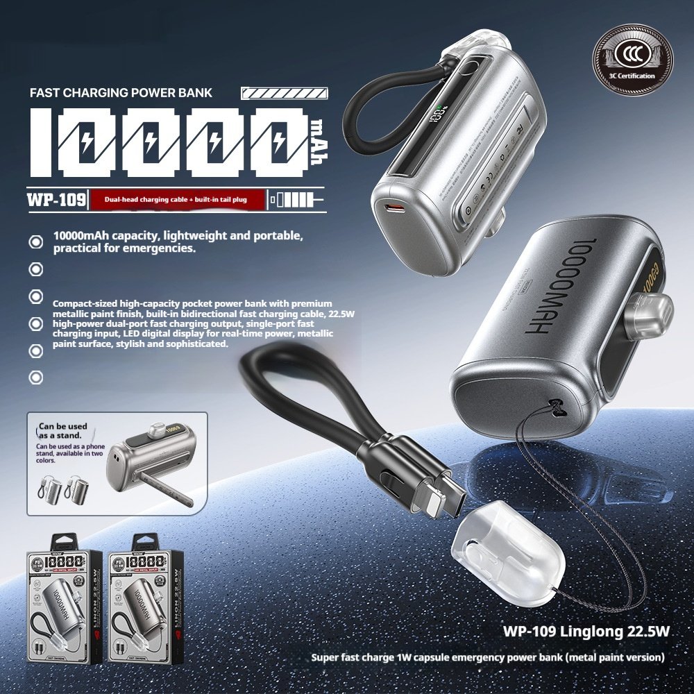 Fast-Charging Power Bank with Built-in Cable, 10,000 mAh