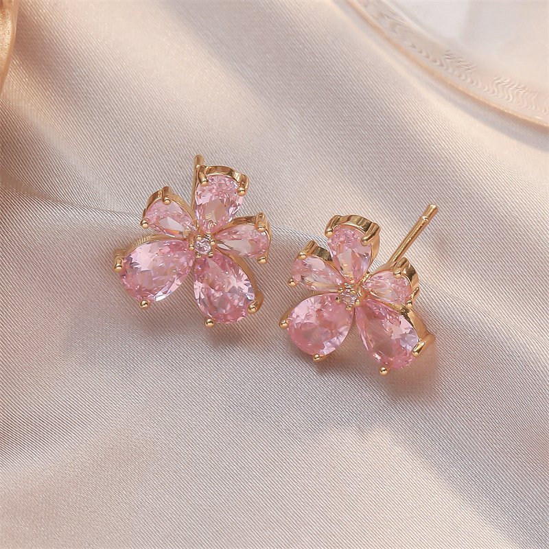Five-Petal Flower Stud Earrings, Rhodium Plated