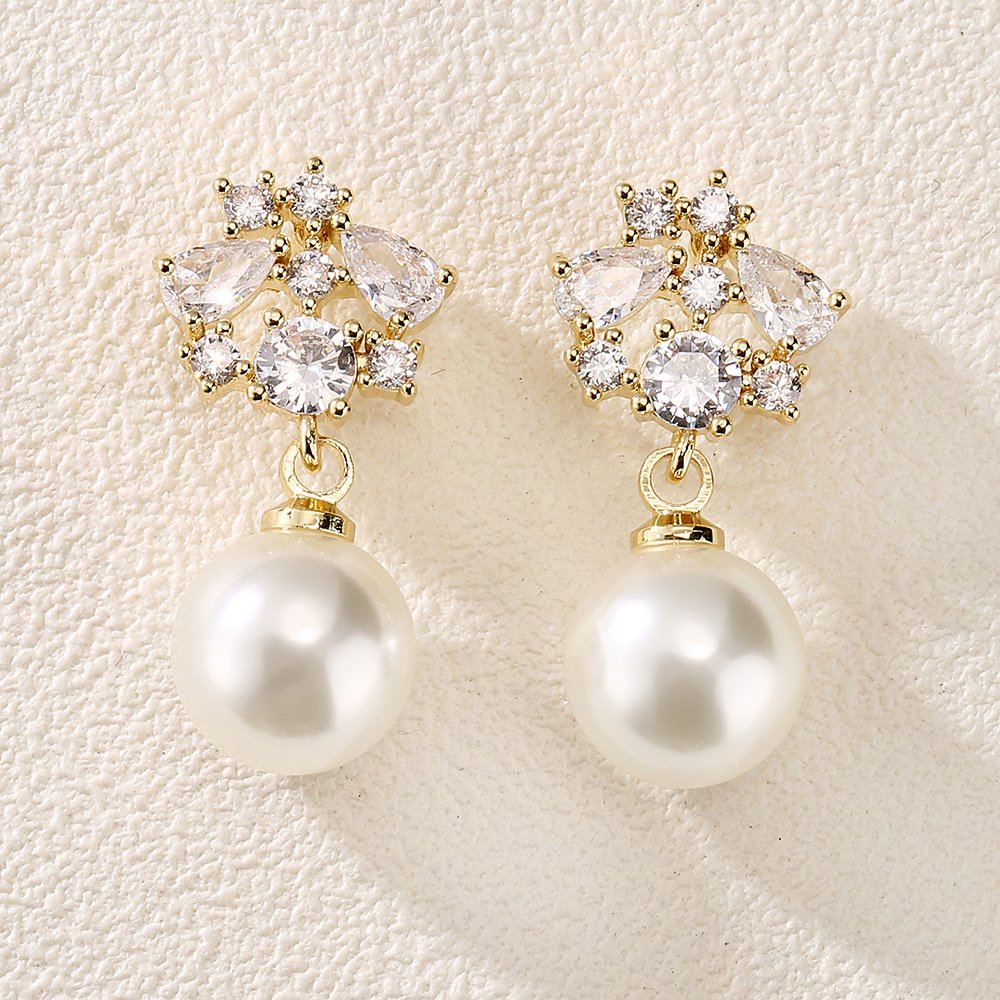 Cubic Zirconia and Pearl Drop Earrings, Gold Plated