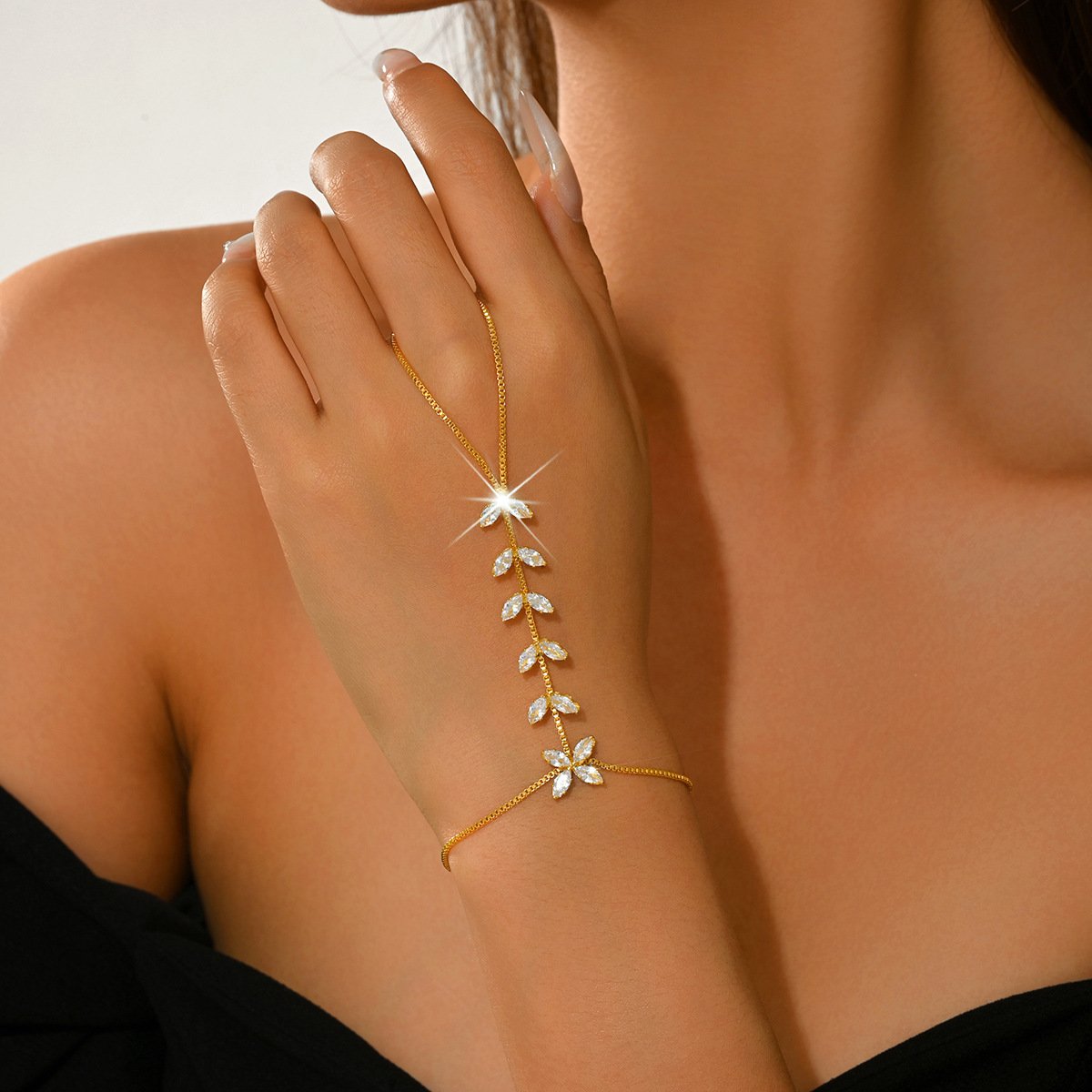 Crystal Leaf Hand Chain with Finger Ring