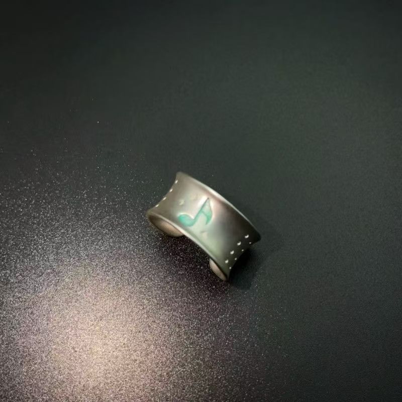 Music Note Wide Band Ring, Silver Tone