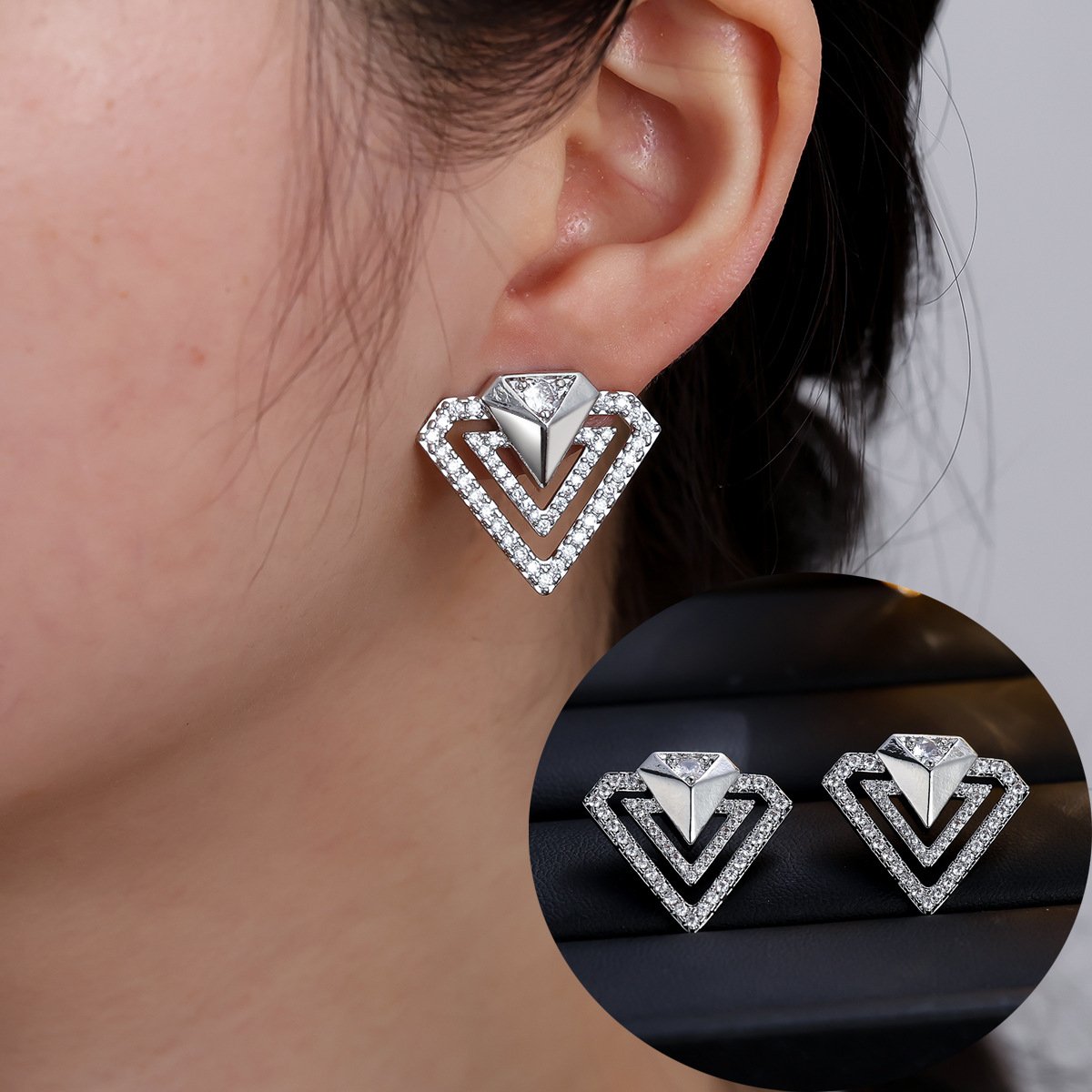 Double-Layer Geometric Zircon Earrings