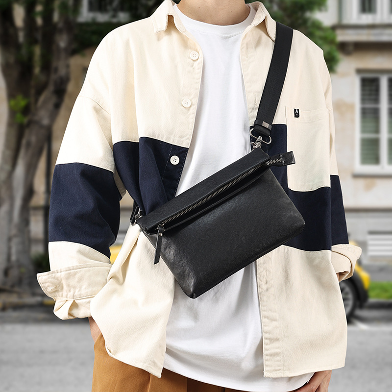 Leather Casual Trendy Brand Shoulder Bag, Men's Bag, Leather High-end Feeling, Men's Crossbody Bag, Multifunctional Business Handbag--6985Vegetable Tanned Leather Black