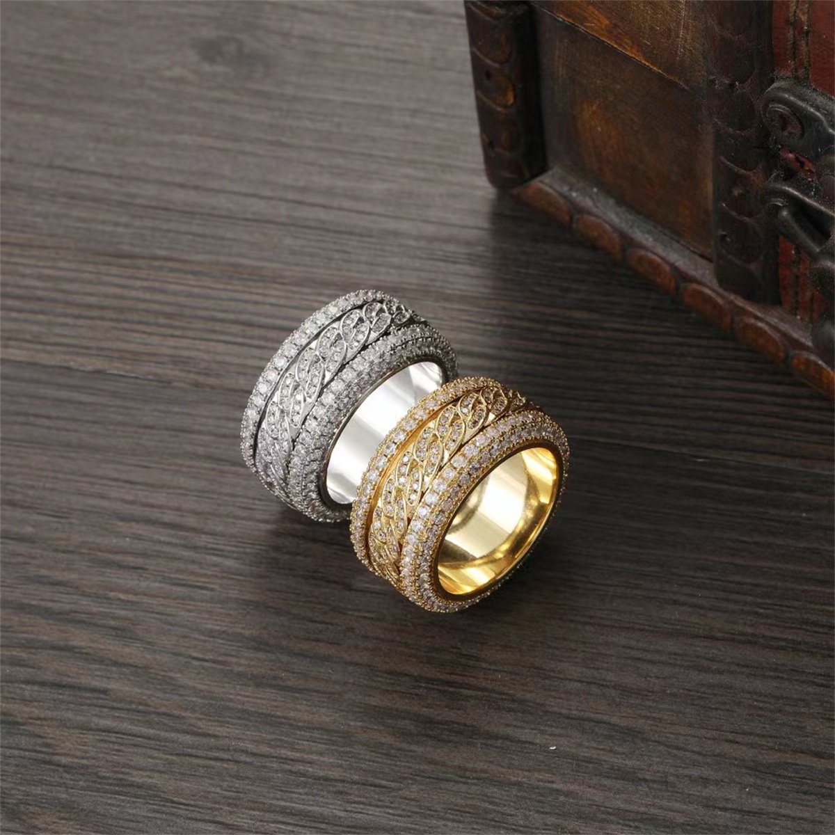 Cubic Zirconia Pavé Curb Chain Band Ring, Gold or Silver Tone