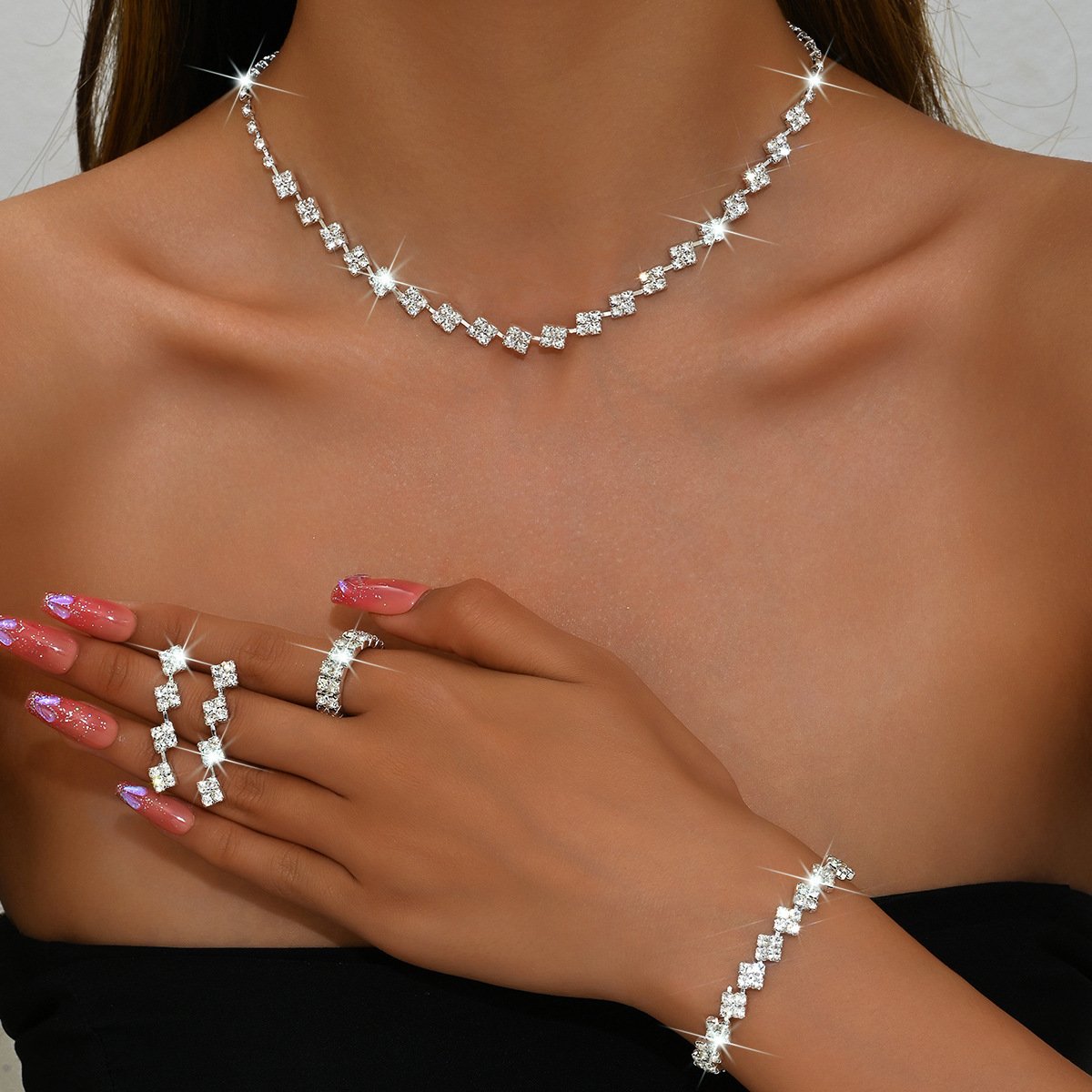 Cross-Border Hot-Selling Claw Chain Zircon Square Geometric Necklace, Earrings, Bracelet, Ring 4-Piece Set Evening Dress Accessories For Women