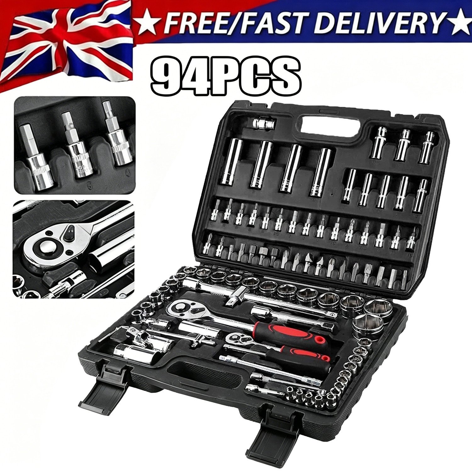 94-Piece Socket and Ratchet Set, 1/2 inch and 1/4 inch Drive